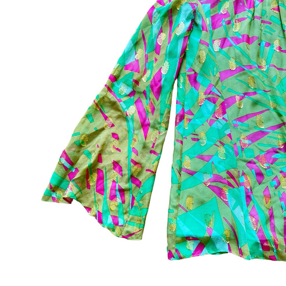 Milly New York Tropical Resort Silk Blouse Size 2 Green Pink Gold - Picture 4 of 6